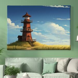 Obraz na plátně - Starý červený maják na travnatém pobřeží FeelHappy.cz Velikost obrazu: 210 x 140 cm