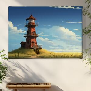 Obraz na plátně - Starý červený maják na travnatém pobřeží FeelHappy.cz Velikost obrazu: 210 x 140 cm