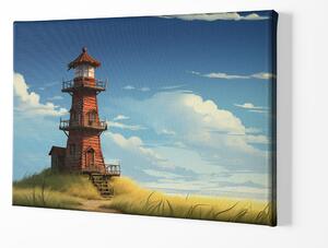 Obraz na plátně - Starý červený maják na travnatém pobřeží FeelHappy.cz Velikost obrazu: 120 x 80 cm