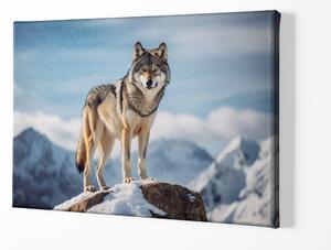 Obraz na plátně - Vlk hlídkuje na skále za krásného horského dne FeelHappy.cz Velikost obrazu: 180 x 120 cm