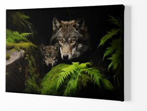 Obraz na plátně - Vlk s mládětem se skrývá mezi kameny FeelHappy.cz Velikost obrazu: 150 x 100 cm