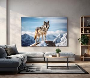 Obraz na plátně - Vlk hlídkuje na skále za krásného horského dne FeelHappy.cz Velikost obrazu: 210 x 140 cm