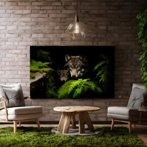 Obraz na plátně - Vlk s mládětem se skrývá mezi kameny FeelHappy.cz Velikost obrazu: 40 x 30 cm