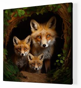 Obraz na plátně - V liščí noře, liška s liščaty FeelHappy.cz Velikost obrazu: 40 x 40 cm