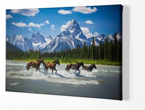 Obraz na plátně - Koně brodí řeku v horách FeelHappy.cz Velikost obrazu: 40 x 30 cm