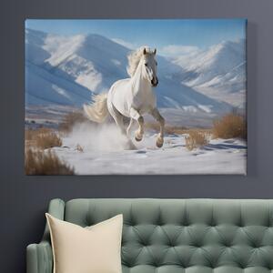 Obraz na plátně - Bílý kůň Eclipse běží zasněženou krajinou FeelHappy.cz Velikost obrazu: 40 x 30 cm