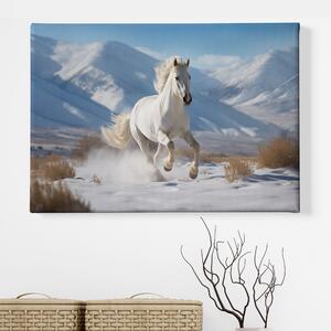 Obraz na plátně - Bílý kůň Eclipse běží zasněženou krajinou FeelHappy.cz Velikost obrazu: 40 x 30 cm