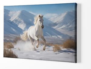 Obraz na plátně - Bílý kůň Eclipse běží zasněženou krajinou FeelHappy.cz Velikost obrazu: 210 x 140 cm