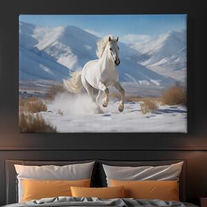 Obraz na plátně - Bílý kůň Eclipse běží zasněženou krajinou FeelHappy.cz Velikost obrazu: 60 x 40 cm