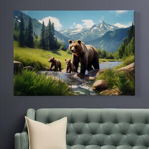 Obraz na plátně - Medvědí rodina se cachtá v potoce v údolí FeelHappy.cz Velikost obrazu: 210 x 140 cm
