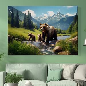Obraz na plátně - Medvědí rodina se cachtá v potoce v údolí FeelHappy.cz Velikost obrazu: 150 x 100 cm