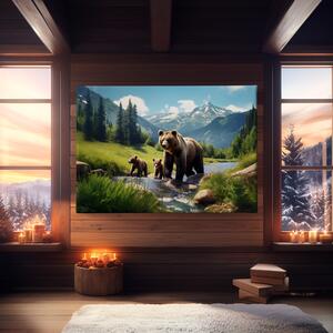 Obraz na plátně - Medvědí rodina se cachtá v potoce v údolí FeelHappy.cz Velikost obrazu: 150 x 100 cm