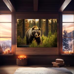 Obraz na plátně - Medvěd Grizzly na průzkumu v jehličnatém lese FeelHappy.cz Velikost obrazu: 150 x 100 cm