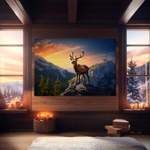 Obraz na plátně - Jelen na skále s magickým západem slunce FeelHappy.cz Velikost obrazu: 150 x 100 cm