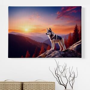 Obraz na plátně - Vlk na skále s magickým západem slunce FeelHappy.cz Velikost obrazu: 210 x 140 cm