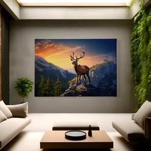 Obraz na plátně - Jelen na skále s magickým západem slunce FeelHappy.cz Velikost obrazu: 150 x 100 cm