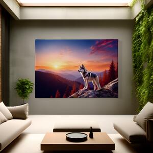Obraz na plátně - Vlk na skále s magickým západem slunce FeelHappy.cz Velikost obrazu: 40 x 30 cm