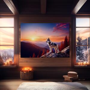 Obraz na plátně - Vlk na skále s magickým západem slunce FeelHappy.cz Velikost obrazu: 90 x 60 cm