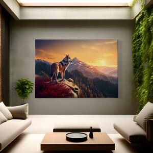 Obraz na plátně - Vlk na skále zkoumá svůj rajon FeelHappy.cz Velikost obrazu: 210 x 140 cm