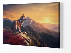 FeelHappy Obraz na plátně - Vlk na skále zkoumá svůj rajon Velikost obrazu: 210 x 140 cm