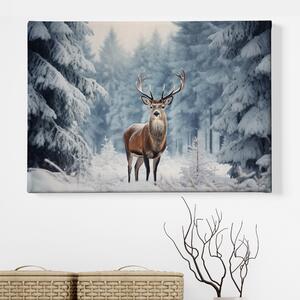 Obraz na plátně - Jelen pozoruje okolí v zimním jehličnatém lese FeelHappy.cz Velikost obrazu: 40 x 30 cm
