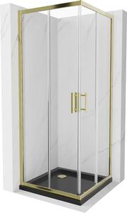 Mexen Rio, čtvercový sprchový kout s posuvnými dveřmi 90 (dveře) x 90 (dveře) x 190 cm, 5mm čiré sklo, zlatý profil + černá sprchová vanička SLIM, 860-090-090-50-00-4070G