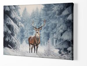 FeelHappy Obraz na plátně - Jelen pozoruje okolí v zimním jehličnatém lese Velikost obrazu: 210 x 140 cm