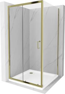 Mexen Apia sprchový kout s posuvnými dveřmi 90 (dveře) x 90 (stěna) cm, 5mm čiré sklo, zlatý profil + bílá sprchová vanička SLIM, 840-090-090-50-00-4010G