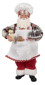 Bílá vánoční dekorace Santa Claus s perníčkem a lízátkem Candy Cane v kapse držící dort s polevou – 28 cm