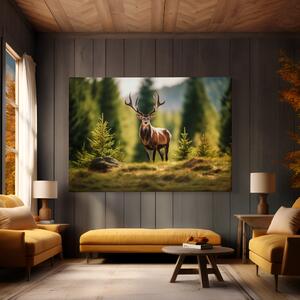 Obraz na plátně - Majestátní jelen mezi malými smrčky FeelHappy.cz Velikost obrazu: 40 x 30 cm