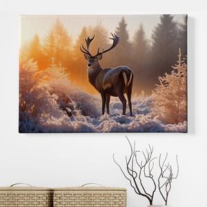 Obraz na plátně - Nádherný jelen v mrazivém slunečném ránu FeelHappy.cz Velikost obrazu: 210 x 140 cm