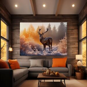 Obraz na plátně - Nádherný jelen v mrazivém slunečném ránu FeelHappy.cz Velikost obrazu: 150 x 100 cm