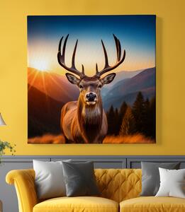 Obraz na plátně - Majestátní jelen na horské louce se západem slunce FeelHappy.cz Velikost obrazu: 60 x 60 cm