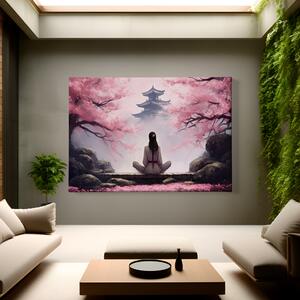 Obraz na plátně - Yuki medituje mezi Sakurami, chrám Japonsko FeelHappy.cz Velikost obrazu: 210 x 140 cm