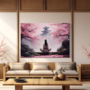Obraz na plátně - Yuki medituje mezi Sakurami, chrám Japonsko FeelHappy.cz Velikost obrazu: 40 x 30 cm