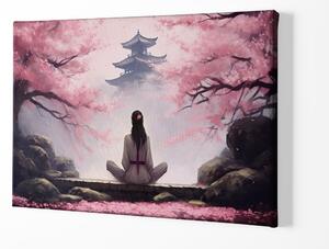 FeelHappy Obraz na plátně - Yuki medituje mezi Sakurami, chrám Japonsko Velikost obrazu: 210 x 140 cm