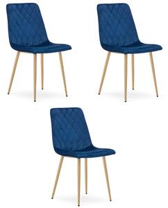 Set tří jídelních židlí TURIN sametový tmavomodrý (naturální nohy) 3 ks
