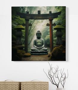 Obraz na plátně - Socha buddhy v bráně Torii FeelHappy.cz Velikost obrazu: 40 x 40 cm