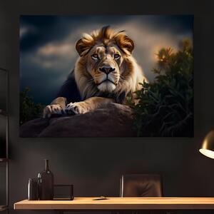 Obraz na plátně - Lev se vyhřívá na skále těsně před bouřkou FeelHappy.cz Velikost obrazu: 210 x 140 cm