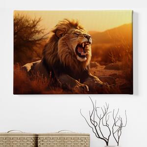 Obraz na plátně - Lev zívá v savaně při západu slunce FeelHappy.cz Velikost obrazu: 210 x 140 cm