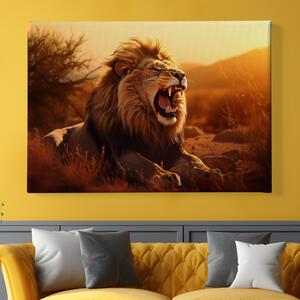 Obraz na plátně - Lev zívá v savaně při západu slunce FeelHappy.cz Velikost obrazu: 40 x 30 cm