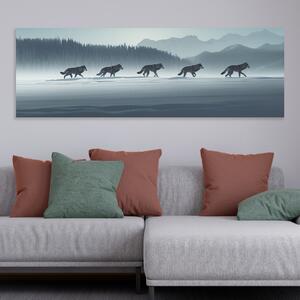 Obraz na plátně - Na Stopě, smečka vlků v zasněžené krajině FeelHappy.cz Velikost obrazu: 60 x 20 cm