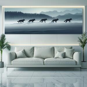 Obraz na plátně - Na Stopě, smečka vlků v zasněžené krajině FeelHappy.cz Velikost obrazu: 240 x 80 cm