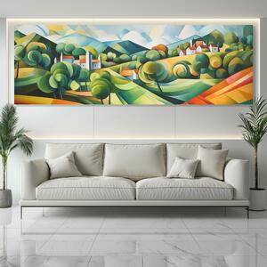 Obraz na plátně - Vesnice v lesní krajině, abstrakce FeelHappy.cz Velikost obrazu: 210 x 70 cm