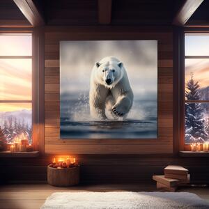 Obraz na plátně - Lední medvěd se řítí zimní řekou FeelHappy.cz Velikost obrazu: 40 x 40 cm