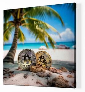 Obraz na plátně - Bitcoin, tropická pláž s palmou FeelHappy.cz Velikost obrazu: 40 x 40 cm