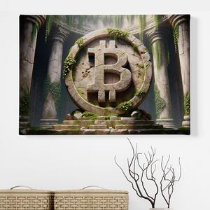 Obraz na plátně - Bitcoin, kamenné logo v opuštěném chrámu FeelHappy.cz Velikost obrazu: 40 x 30 cm