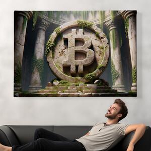 Obraz na plátně - Bitcoin, kamenné logo v opuštěném chrámu FeelHappy.cz Velikost obrazu: 210 x 140 cm