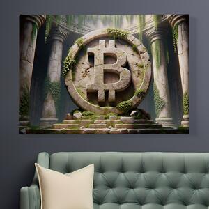 Obraz na plátně - Bitcoin, kamenné logo v opuštěném chrámu FeelHappy.cz Velikost obrazu: 40 x 30 cm