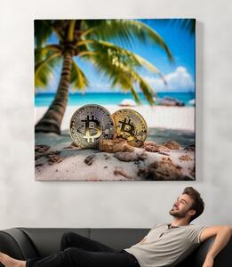 Obraz na plátně - Bitcoin, tropická pláž s palmou FeelHappy.cz Velikost obrazu: 80 x 80 cm